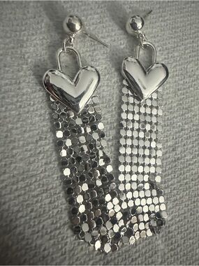 Silver Heart Mesh Drop Earrings - Women Jewelry